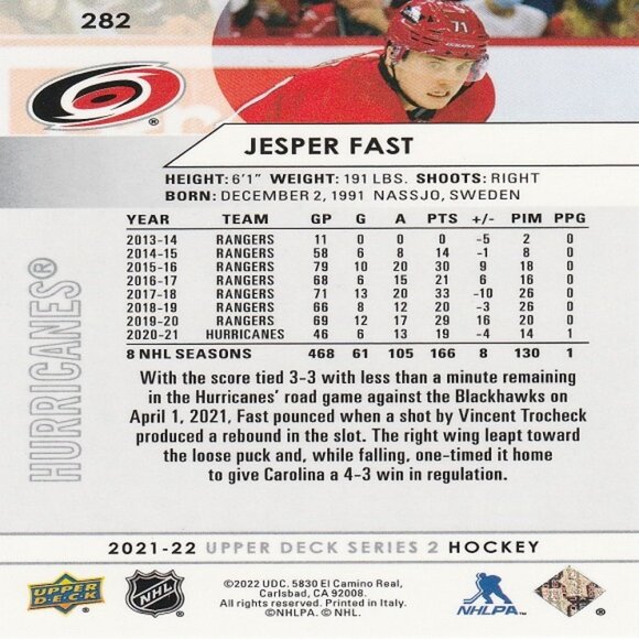 Jesper Fast - 2021/2022 Upper Deck Series 2 Hockey Card - Picture 2 of 2